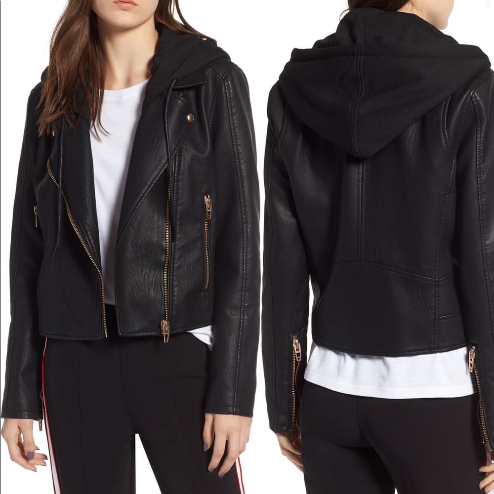 Blank NYC Black Faux Leather Hooded Moto Jacket with Gold Zippers